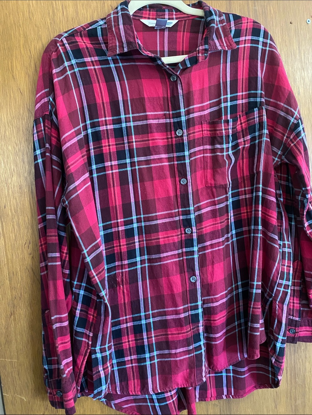 Old Navy Red Plaid Long-Sleeve Button Shirt with Black and Light Blue Stripes